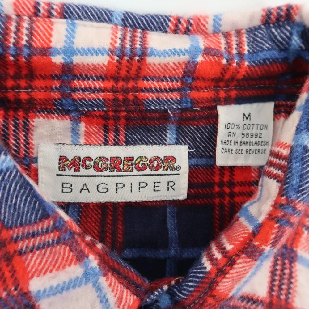 Vintage McGregor Bagpiper Mens Medium Red Blue Plaid Western Pearl Snap Flannel